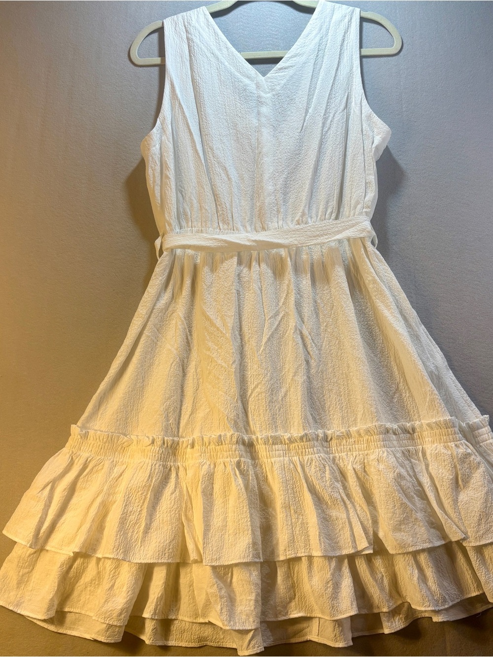 Calvin Klein White Ruffled Sleeveless Dress with Waist Tie - Picture 4 of 4